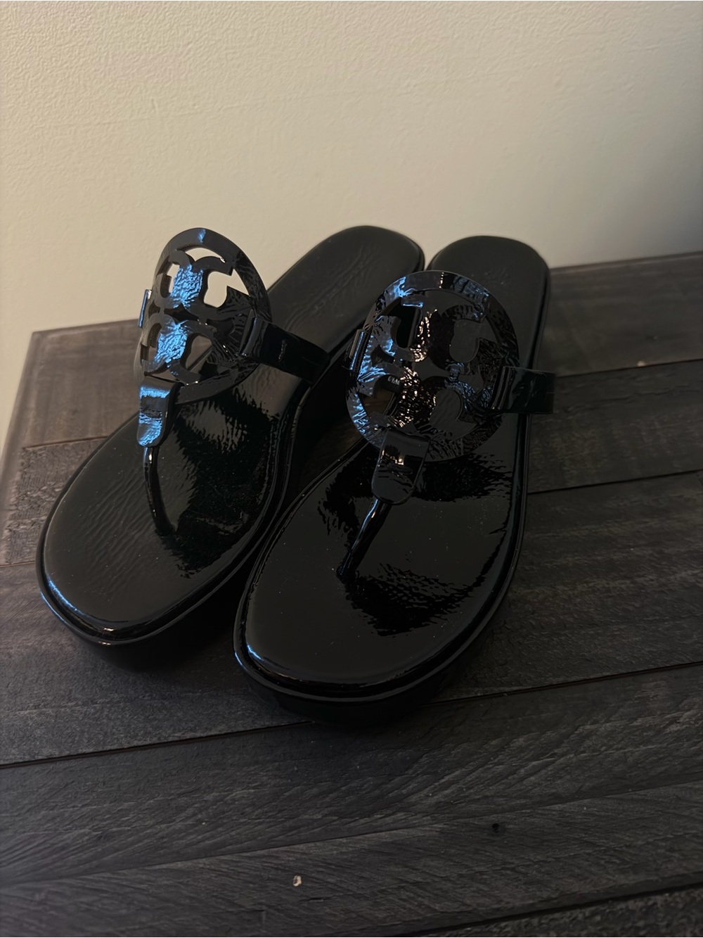 Tory Burch Black Patent Miller Wedge Sandals